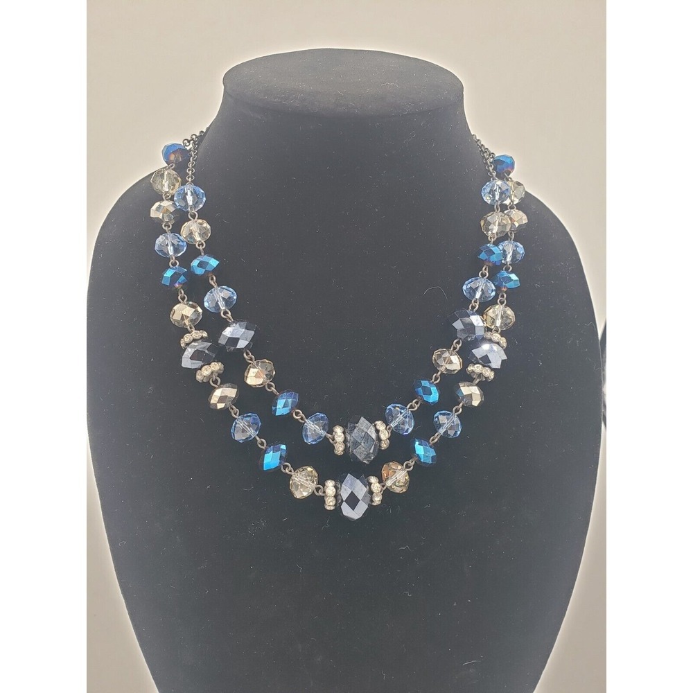 Trifari Double Strand Necklace Womens 9.5" Blue Metallic‎ Aurora Borealis